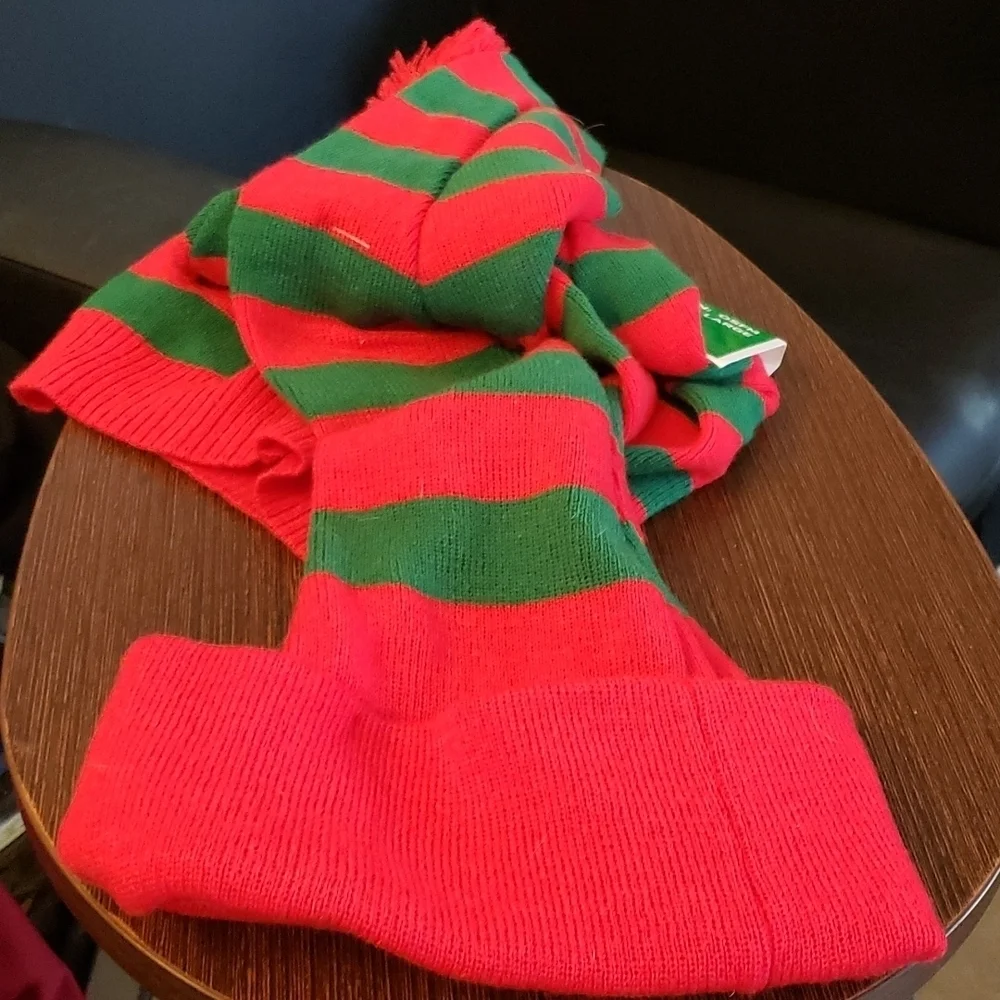 Ugly Stuff Red & Green Striped Long Beanie w/PomPom for a Person & a Pet Size L
